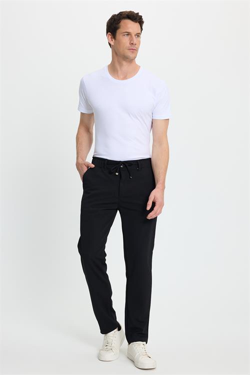 Erkek Slim Fit Dar Kesim Beli Lastikli Bağcık Detaylı Siyah Pantolon