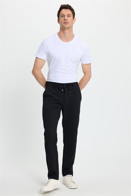 Erkek Slim Fit Dar Kesim Beli Lastikli Bağcık Detaylı Siyah Pantolon