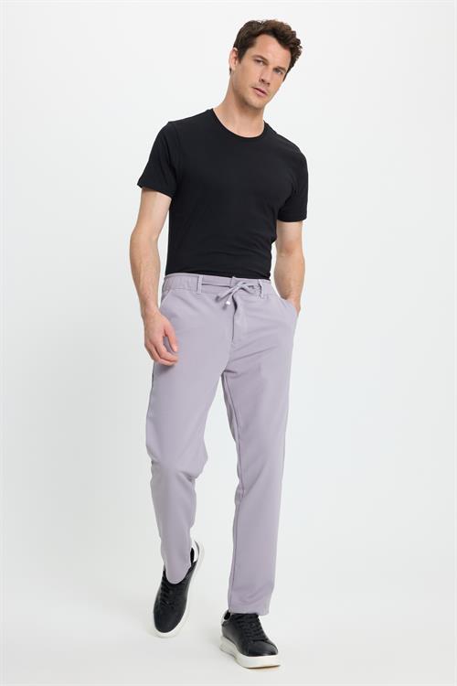 Erkek Slim Fit Dar Kesim Beli Lastikli Bağcık Detaylı Gri Pantolon