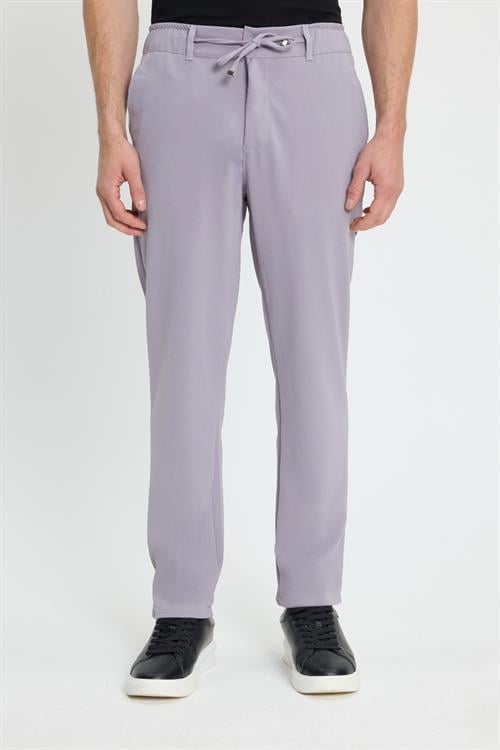 Erkek Slim Fit Dar Kesim Beli Lastikli Bağcık Detaylı Gri Pantolon