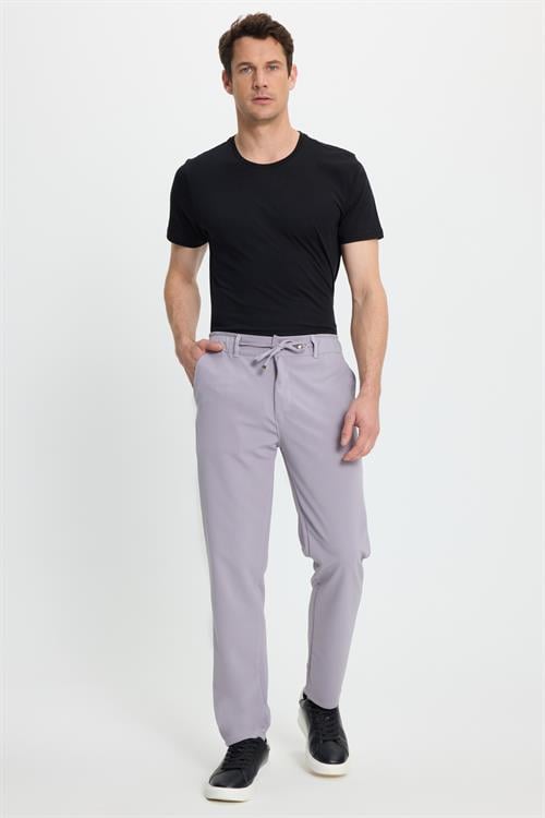 Erkek Slim Fit Dar Kesim Beli Lastikli Bağcık Detaylı Gri Pantolon
