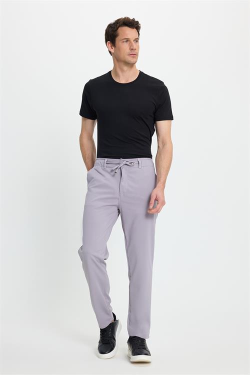 Erkek Slim Fit Dar Kesim Beli Lastikli Bağcık Detaylı Gri Pantolon