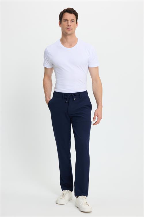 Erkek Slim Fit Dar Kesim Beli Lastikli Bağcık Detaylı Lacivert Pantolon