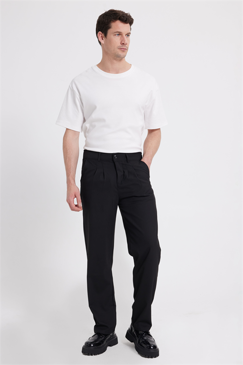 Erkek Regular Fit Klasik Kesim Normal Bel Geniş Paça Siyah Pantolon