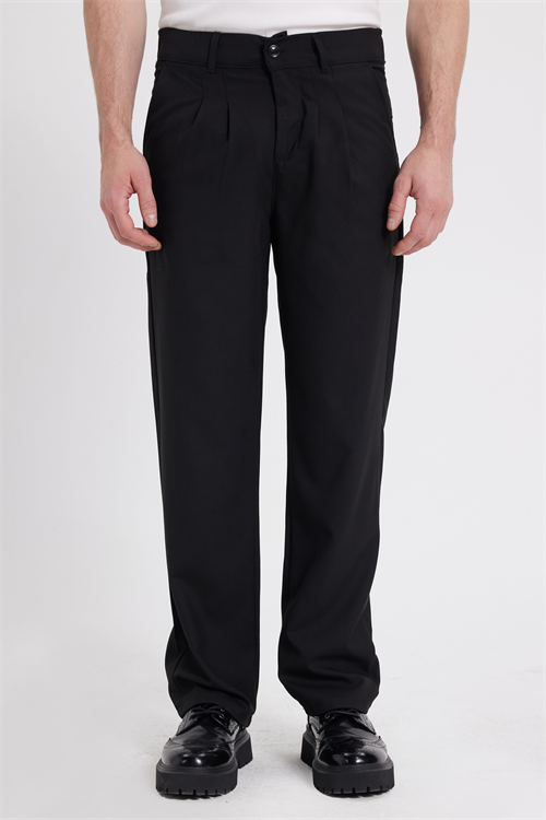 Erkek Regular Fit Klasik Kesim Normal Bel Geniş Paça Siyah Pantolon