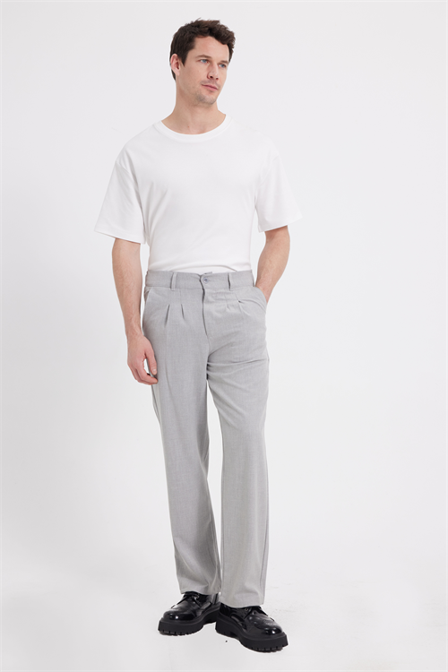 Erkek Regular Fit Klasik Kesim Normal Bel Geniş Paça Gri Pantolon