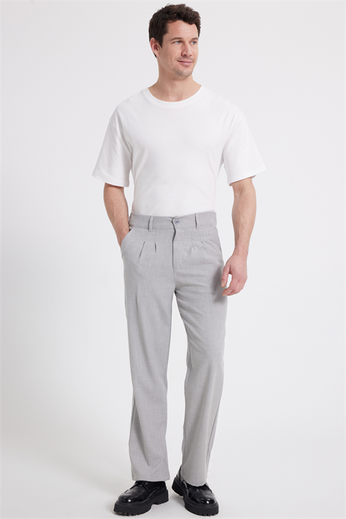 Erkek Regular Fit Klasik Kesim Normal Bel Geniş Paça Gri Pantolon