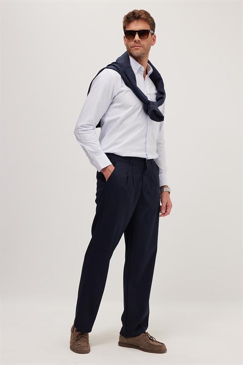 Erkek Regular Fit Klasik Kesim Normal Bel Geniş Paça Lacivert Pantolon