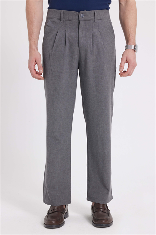 Erkek Regular Fit Klasik Kesim Normal Bel Geniş Paça Açık Gri Pantolon