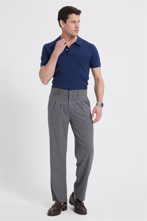 Erkek Regular Fit Klasik Kesim Normal Bel Geniş Paça Açık Gri Pantolon
