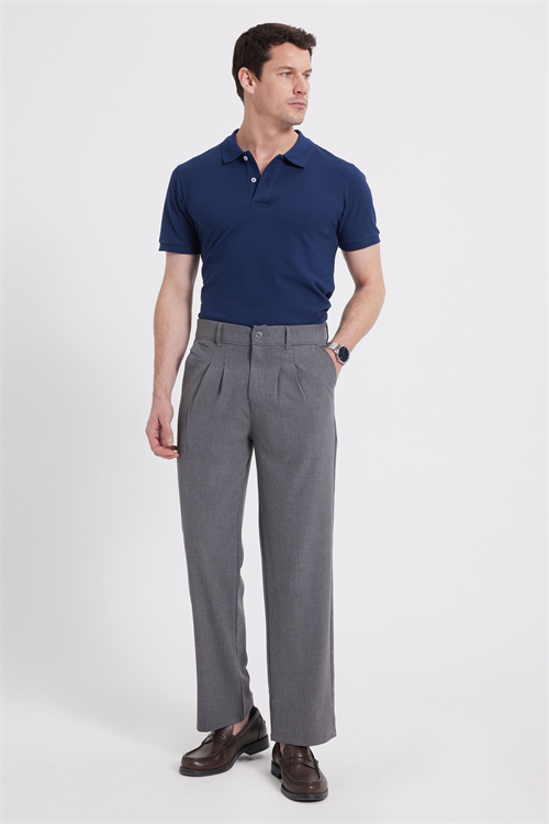 Erkek Regular Fit Klasik Kesim Normal Bel Geniş Paça Açık Gri Pantolon