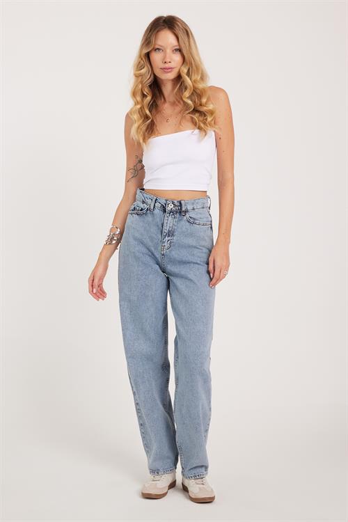 Kadın Regular Fit Klasik Kesim Baggy Pamuklu Geniş Paça Açık Mavi Jean Pantolon