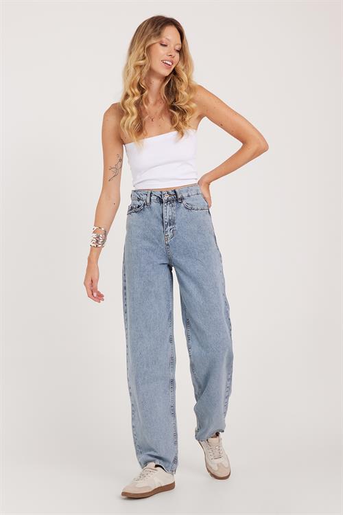 Kadın Regular Fit Klasik Kesim Baggy Pamuklu Geniş Paça Açık Mavi Jean Pantolon
