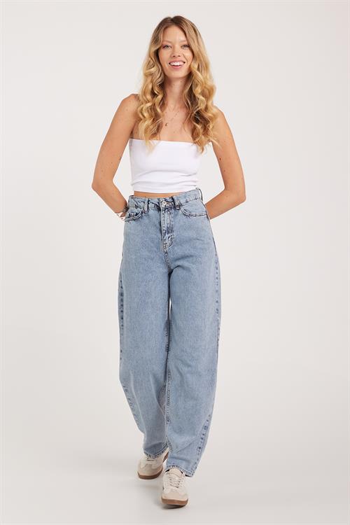 Kadın Regular Fit Klasik Kesim Baggy Pamuklu Geniş Paça Açık Mavi Jean Pantolon
