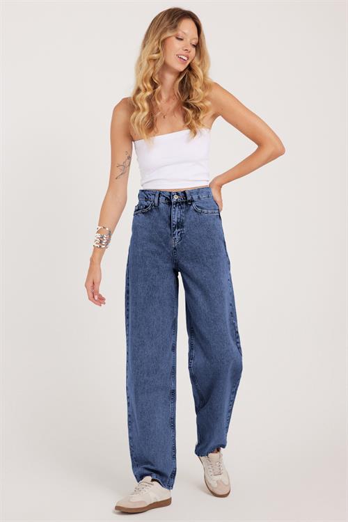 Kadın Regular Fit Klasik Kesim Baggy Pamuklu Geniş Paça Mavi Jean Pantolon