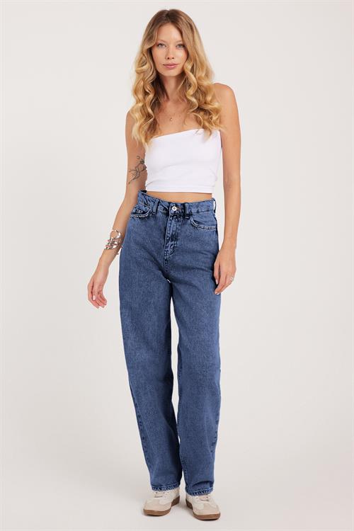 Kadın Regular Fit Klasik Kesim Baggy Pamuklu Geniş Paça Mavi Jean Pantolon