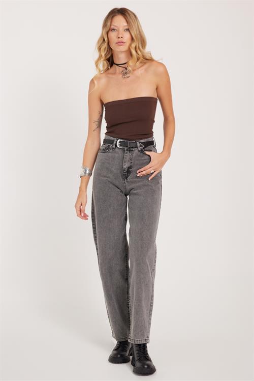 Kadın Regular Fit Klasik Kesim Baggy Pamuklu Geniş Paça Antrasit Jean Pantolon