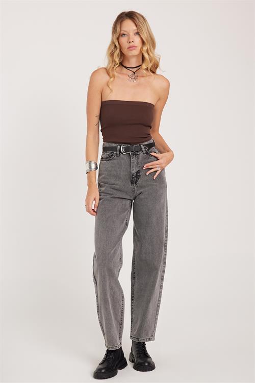 Kadın Regular Fit Klasik Kesim Baggy Pamuklu Geniş Paça Antrasit Jean Pantolon