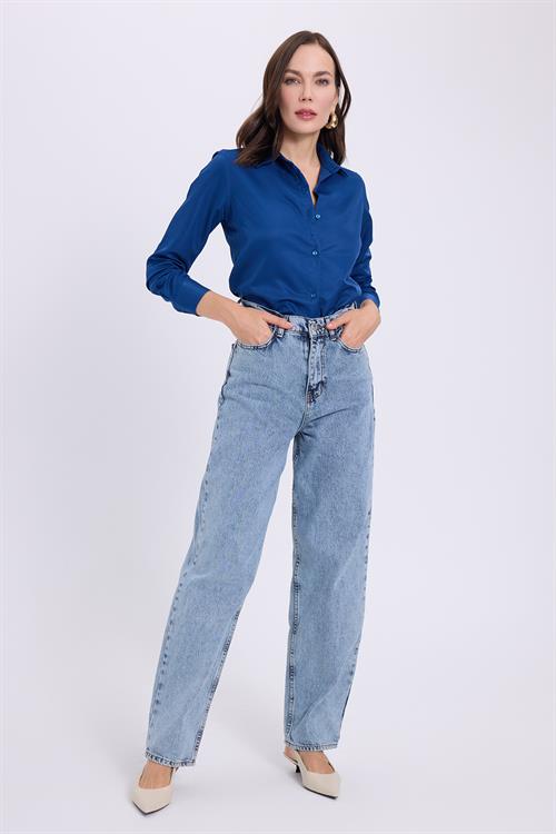 Kadın Regular Fit Klasik Kesim Baggy Pamuklu Geniş Paça Mavi Jean Pantolon