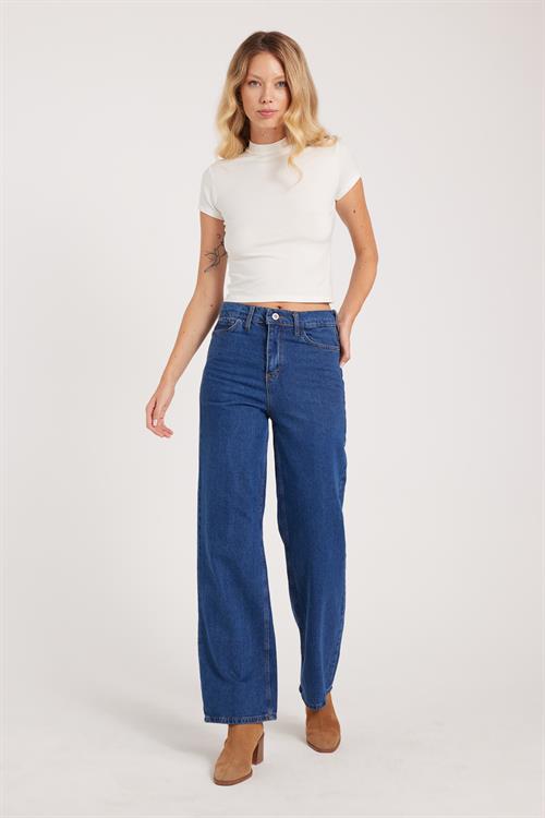Kadın Regular Fit Klasik Kesim Pamuklu Bol Paça Koyu Mavi Jean Pantolon