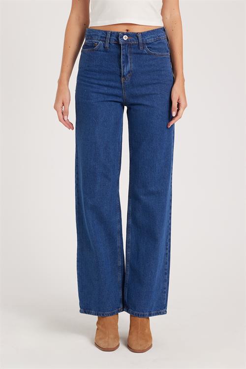 Kadın Regular Fit Klasik Kesim Pamuklu Bol Paça Koyu Mavi Jean Pantolon