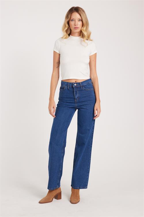 Kadın Regular Fit Klasik Kesim Pamuklu Bol Paça Koyu Mavi Jean Pantolon