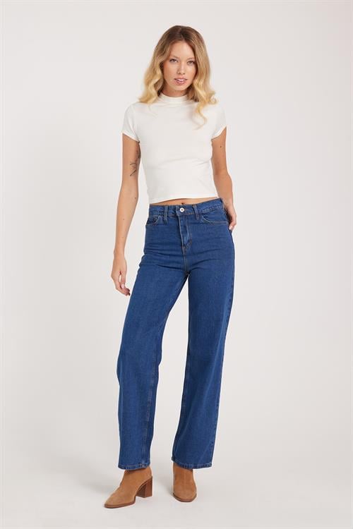 Kadın Regular Fit Klasik Kesim Pamuklu Bol Paça Koyu Mavi Jean Pantolon
