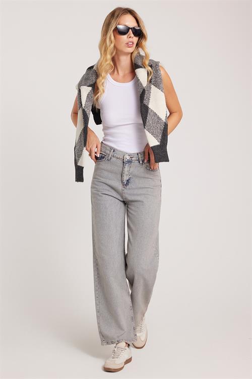 Kadın Regular Fit Klasik Kesim Pamuklu Bol Paça Koyu Açık Gri Jean Pantolon