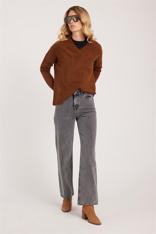 Kadın Regular Fit Klasik Kesim Pamuklu Bol Paça Antrasit Jean Pantolon