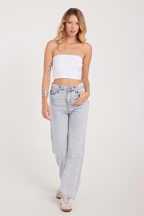 Kadın Regular Fit Klasik Kesim Pamuklu Bol Paça Açık Mavi Jean Pantolon