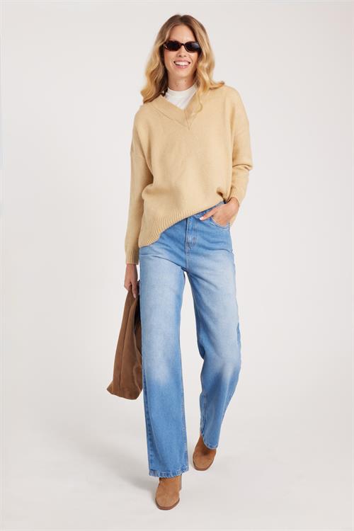 Kadın Regular Fit Klasik Kesim Pamuklu Bol Paça Mavi Jean Pantolon