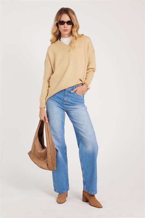 Kadın Regular Fit Klasik Kesim Pamuklu Bol Paça Mavi Jean Pantolon