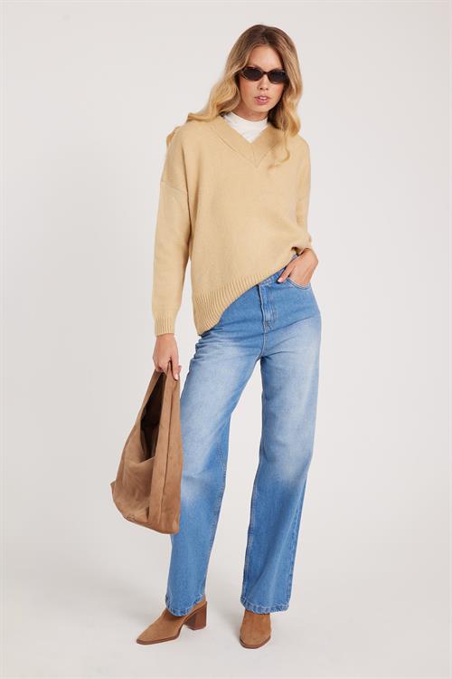 Kadın Regular Fit Klasik Kesim Pamuklu Bol Paça Mavi Jean Pantolon