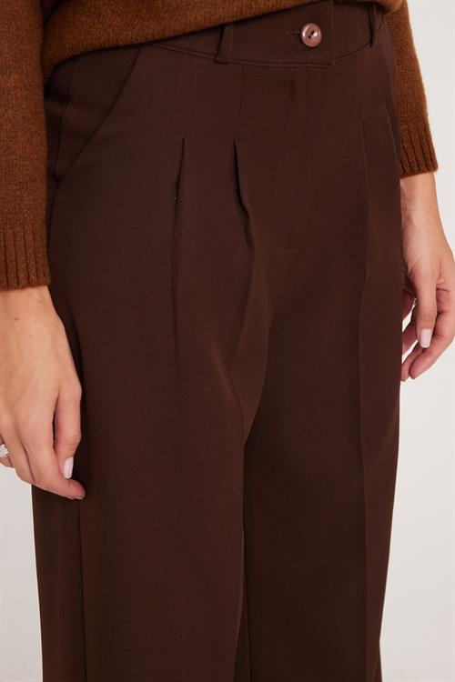 Kadın Regular Fit Klasik Kesim Yüksel Bel Geniş Paça Kahverengi Pantolon