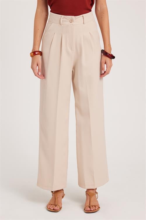 Kadın Regular Fit Klasik Kesim Yüksel Bel Geniş Paça Bej Pantolon