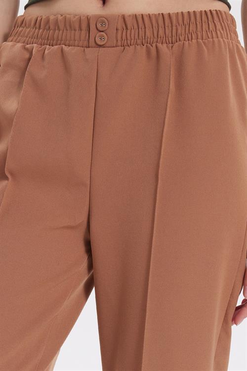 Kadın Relax Fit Rahat Kesim Yüksel Bel Düz Paça Beli Lastikli Bej Pantolon