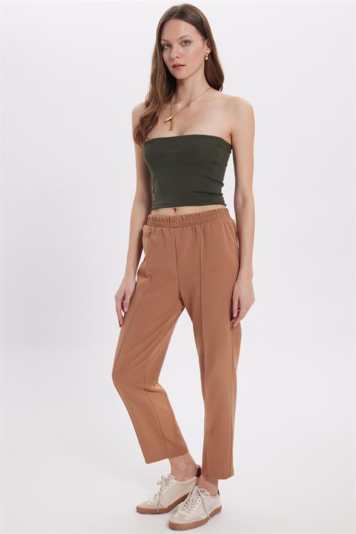 Kadın Relax Fit Rahat Kesim Yüksel Bel Düz Paça Beli Lastikli Bej Pantolon