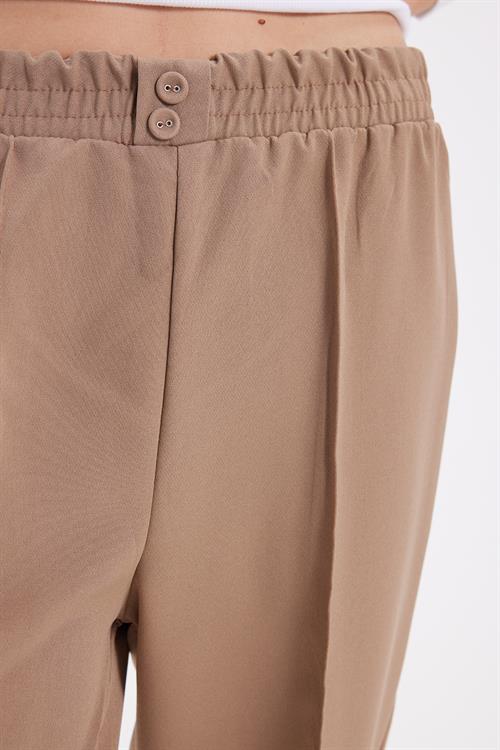 Kadın Relax Fit Rahat Kesim Yüksel Bel Düz Paça Beli Lastikli Vizon Pantolon