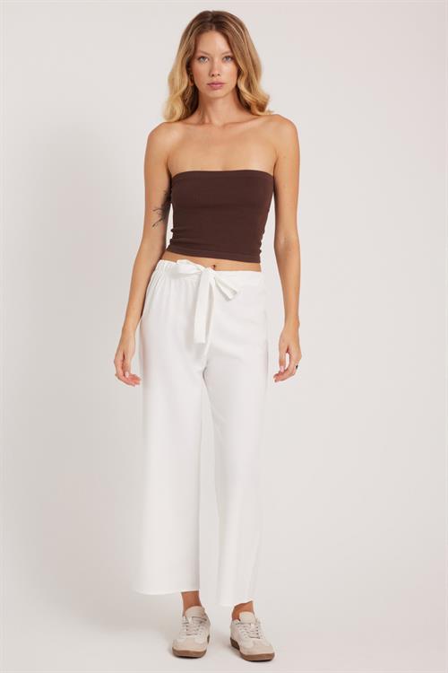 Kadın Relax Fit Rahat Kesim Lastikli Kuşak Bağlamalı Geniş Paça Beyaz Pantolon