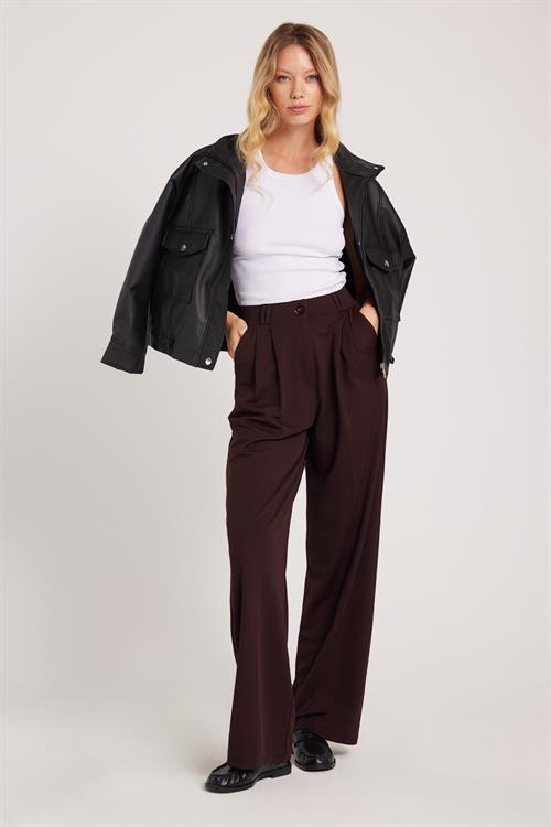 Kadın Regular Fit Klasik Kesim Yüksel Bel Geniş Paça Kahverengi Pantolon