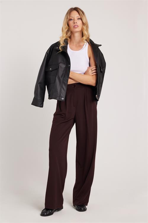 Kadın Regular Fit Klasik Kesim Yüksel Bel Geniş Paça Kahverengi Pantolon