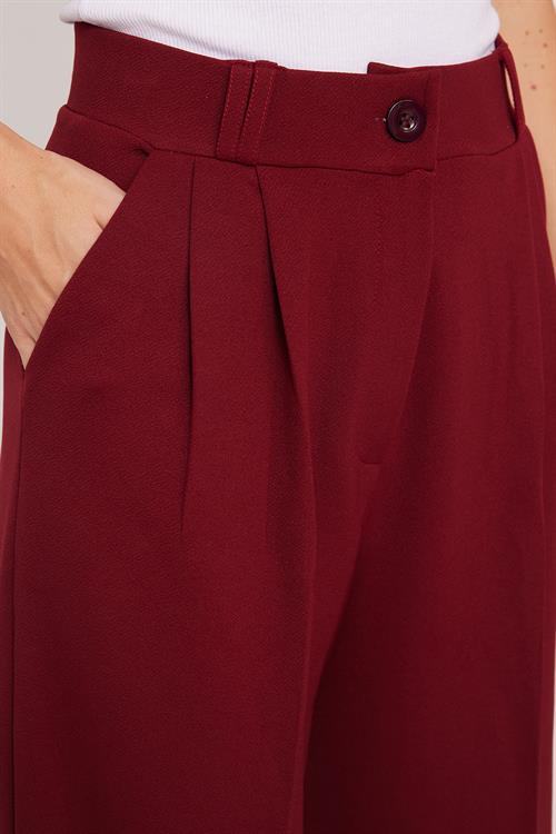 Kadın Regular Fit Klasik Kesim Yüksel Bel Geniş Paça Bordo Pantolon