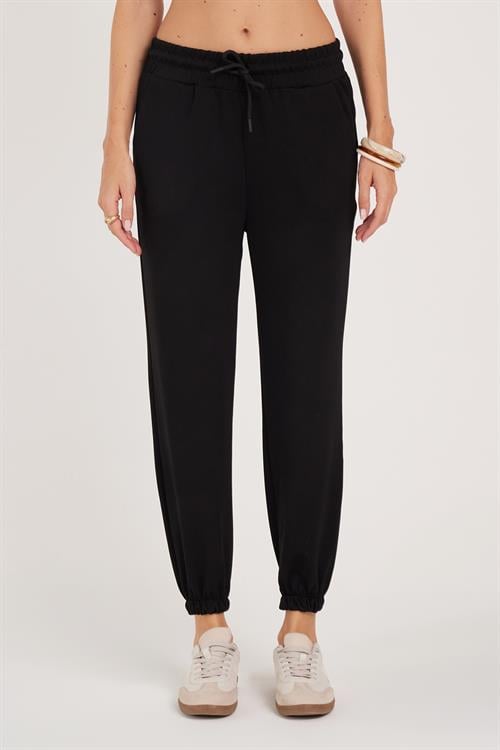 Kadın Relax Fit Rahat Kesim Modal Kumaş Beli Bağlamalı Lastikli Jogger Siyah Eşofman Altı