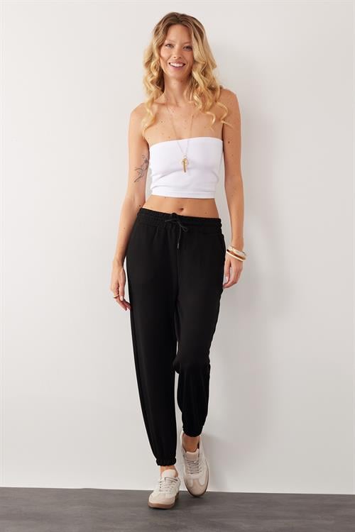 Kadın Relax Fit Rahat Kesim Modal Kumaş Beli Bağlamalı Lastikli Jogger Siyah Eşofman Altı