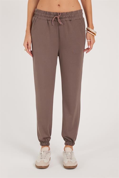 Kadın Relax Fit Rahat Kesim Modal Kumaş Beli Bağlamalı Lastikli Jogger Açık Kahve Eşofman Altı
