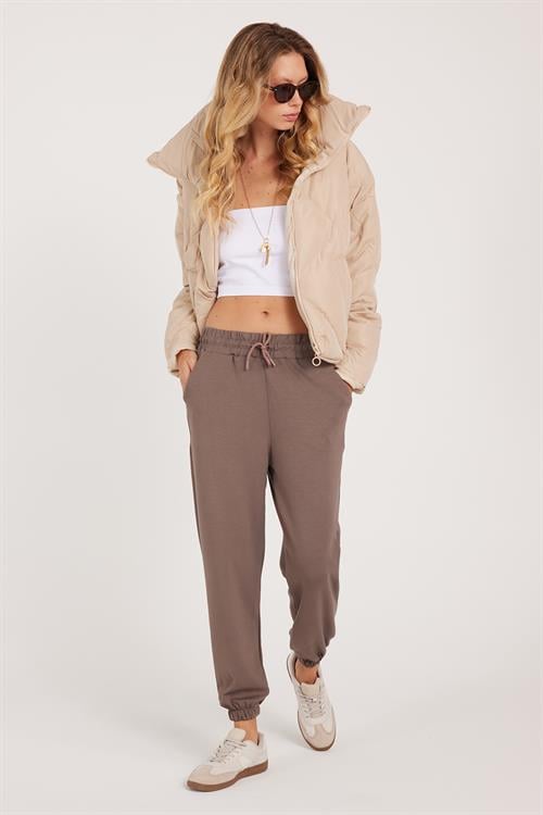 Kadın Relax Fit Rahat Kesim Modal Kumaş Beli Bağlamalı Lastikli Jogger Açık Kahve Eşofman Altı