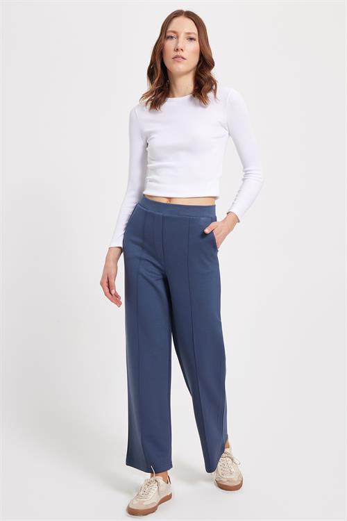 Kadın Relax Fit Rahat Kesim Modal Kumaş Yüksel Bel Geniş Paça İndigo Pantolon
