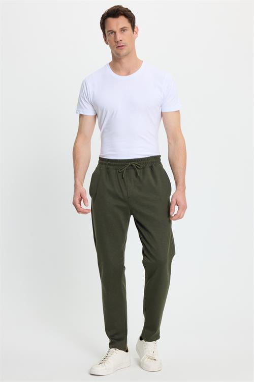 Erkek Regular Fit Klasik Kesim Beli Lastikli Bağcıklı Koyu Haki Jogger Pantolon