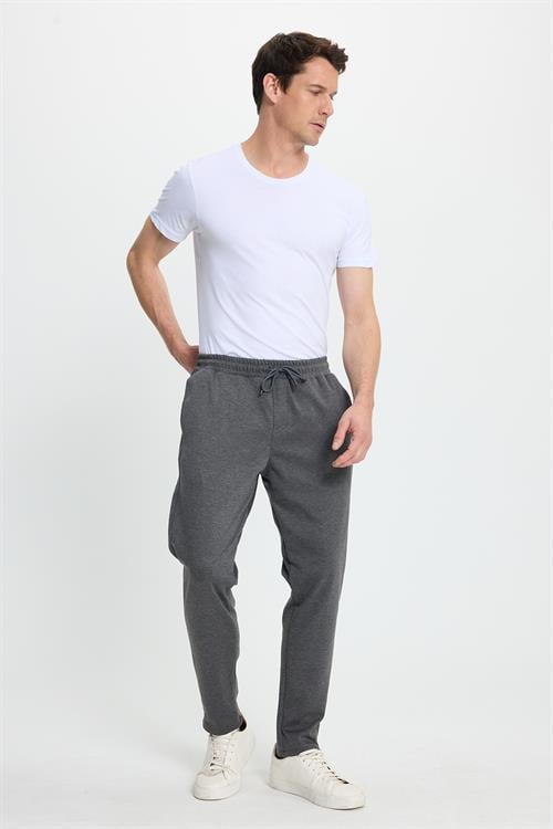 Erkek Regular Fit Klasik Kesim Beli Lastikli Bağcıklı Koyu Gri Jogger Pantolon