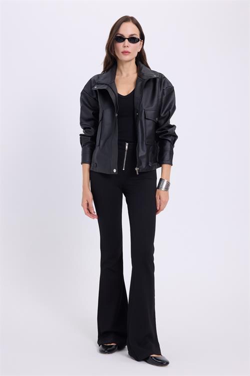 Kadın Slim Fit Dar Kesim Geniş Paça Fermuarlı Siyah Pantolon
